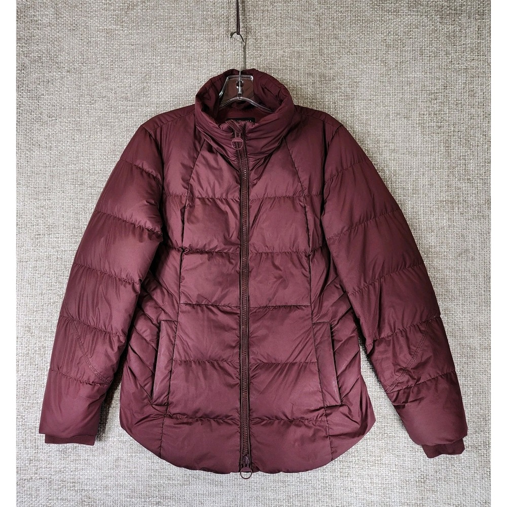 Athleta Downtown Down Puffer Jacket Womens Medium Burgundy‎ Full Zip Quilted